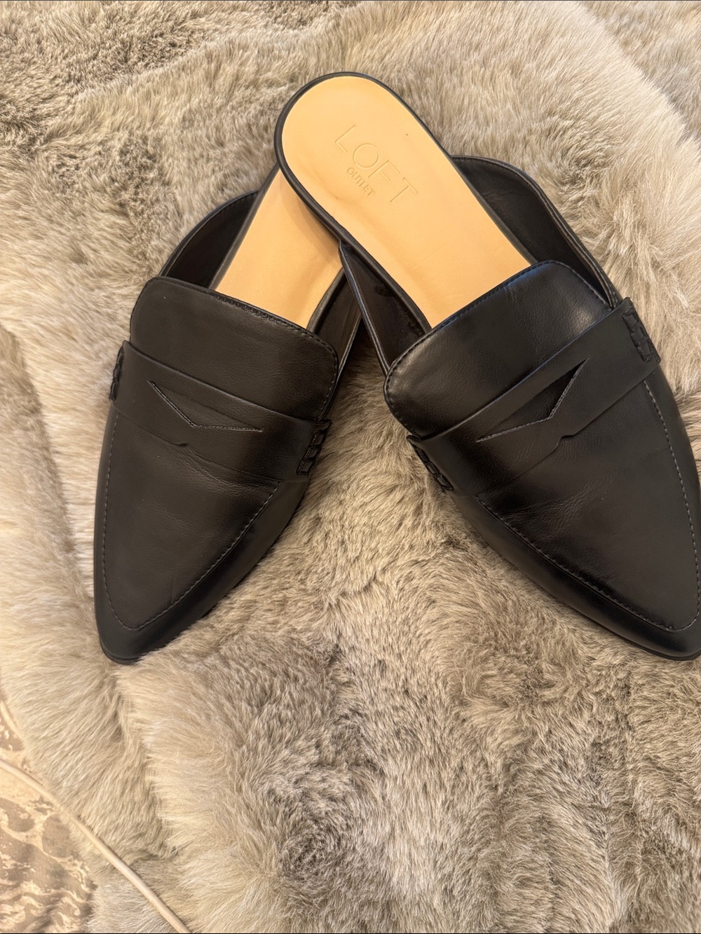 LOFT Black Pointed Leather Penny Slip-On Mules